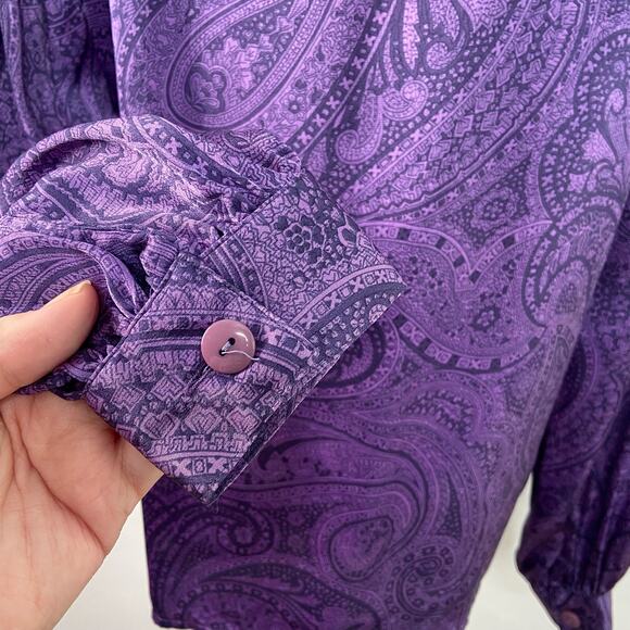 Vintage Salvatore Ferragamo Paisley Blouse Purple Silk 80s Work Boho Size 10 - Picture 3 of 15
